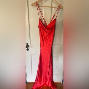 Lulu’s Red Satin Adjustable strap maxi dress